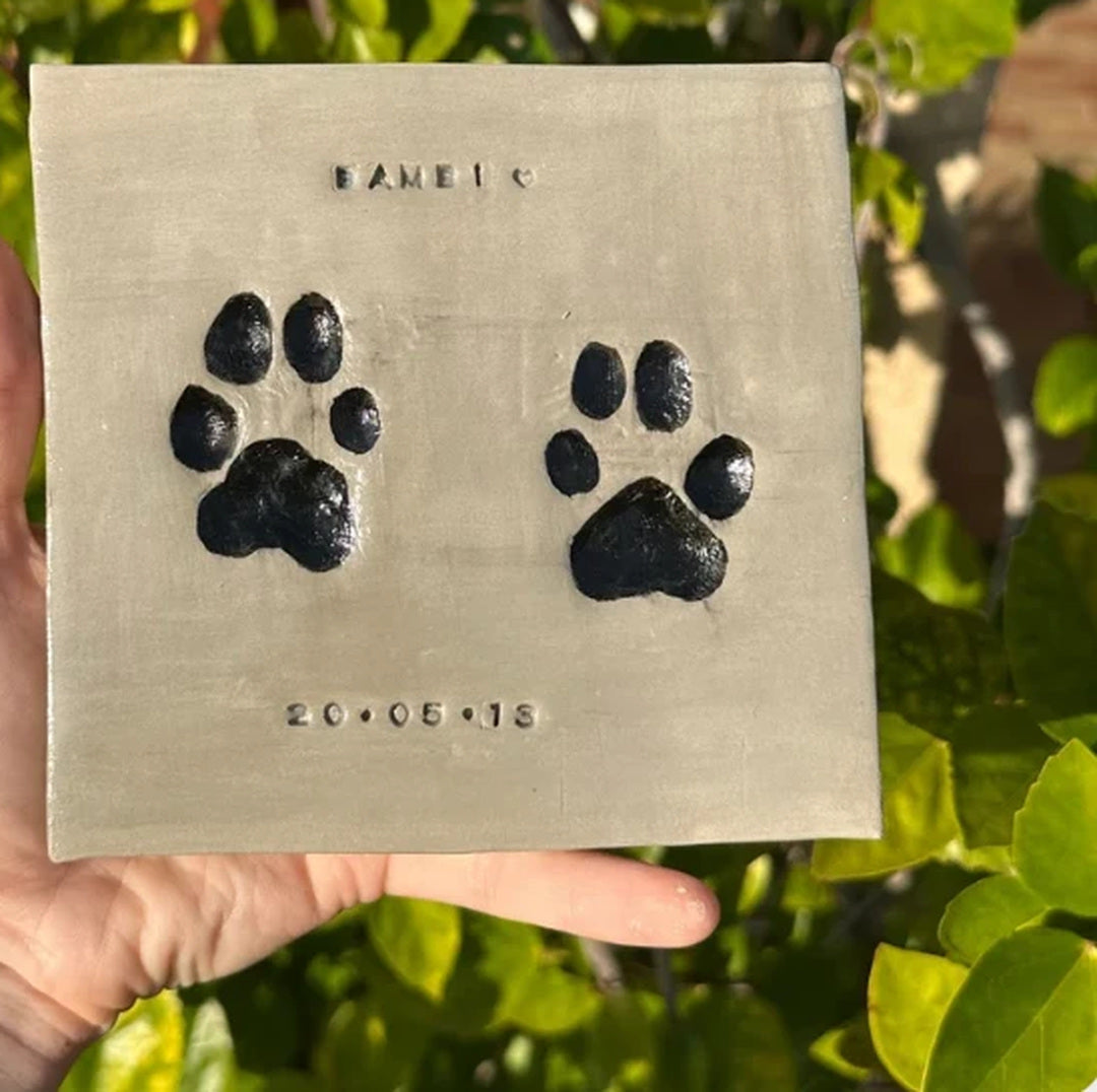 Placa de arcilla con las huellas de Bambi, hecha en casa